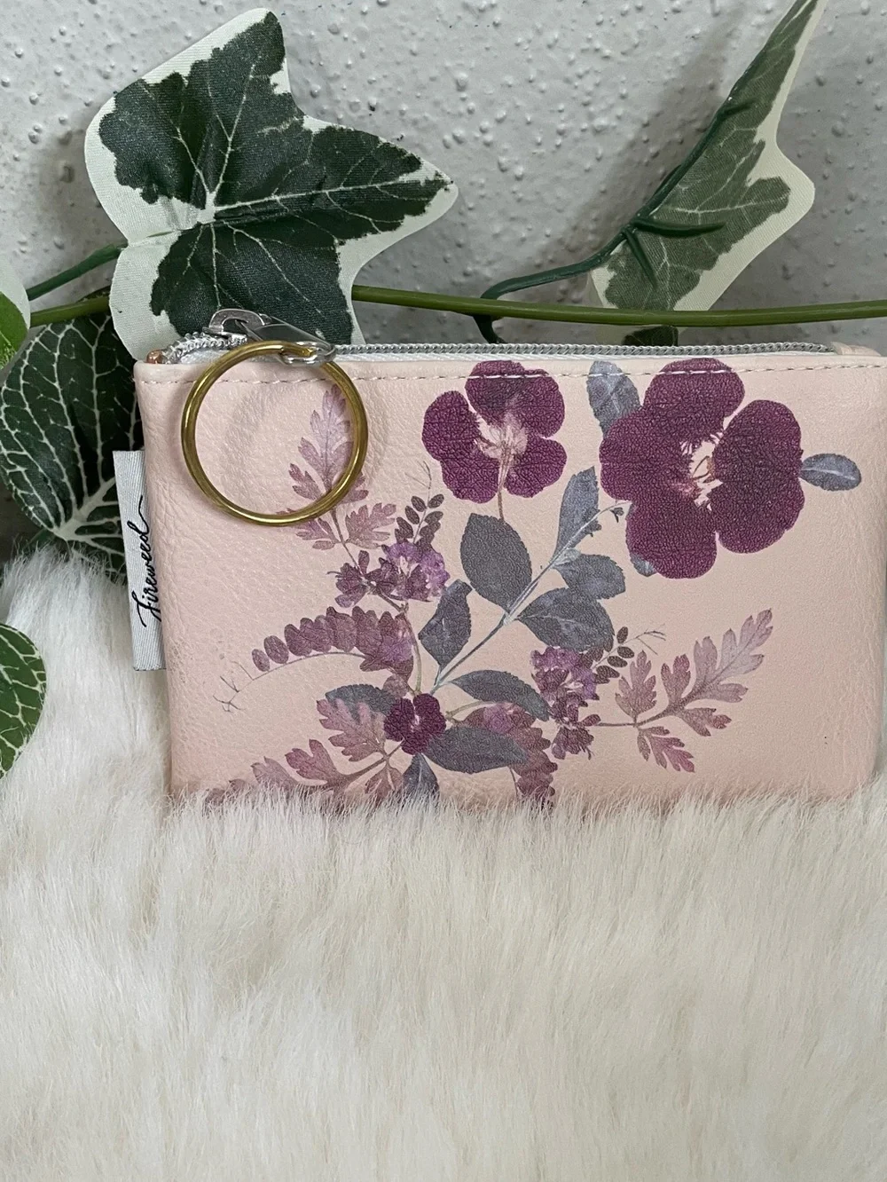 Floral Coin Purse Key Pouch Mini Wallet Pink Vegan Leather